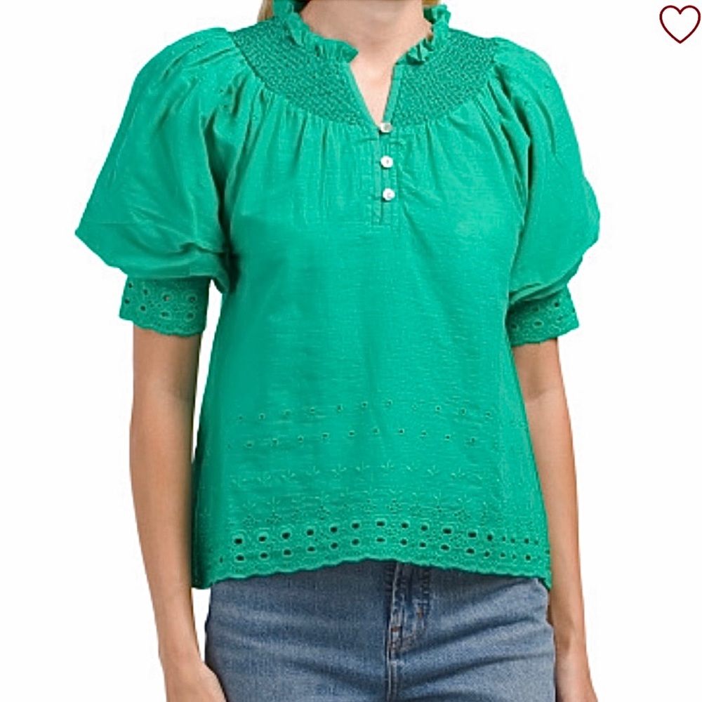 NWT House of Harlow 1960 Emerald Green Smocked Cotton Eyelet Blouse Size XS